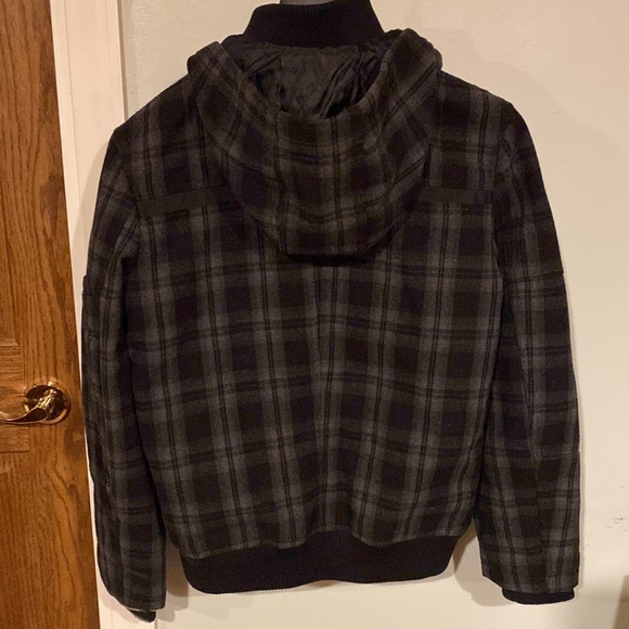 Jack & Jones Denim Gray/Black Plaid Hooded Marlow Wool Jacket Sz Medium - Picture 11 of 15